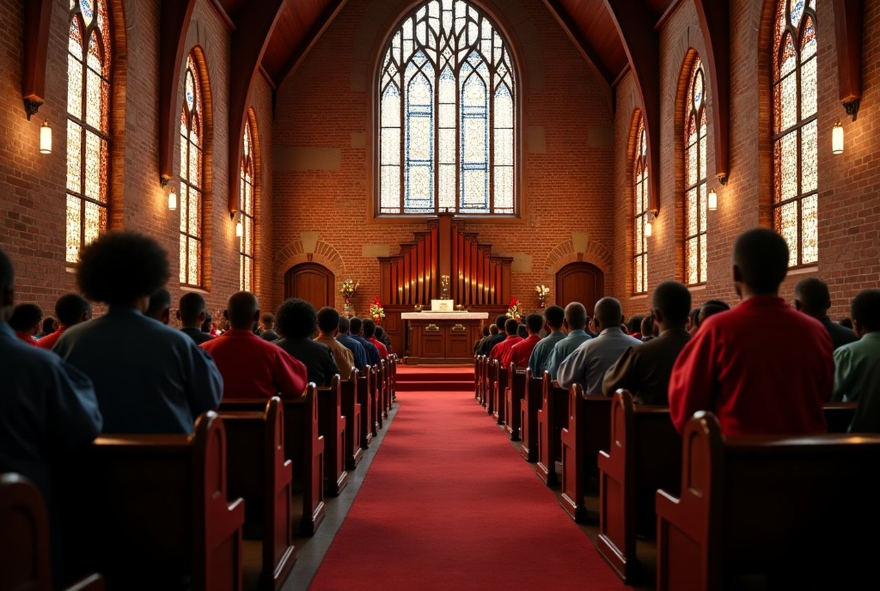 Weathered hands holding an open hymnal in a church pew