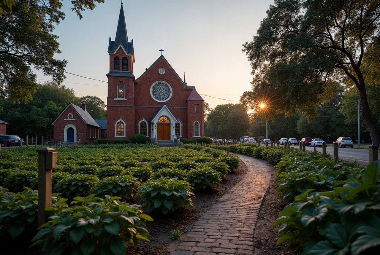 The twin towers of a historic red-brick Baptist church